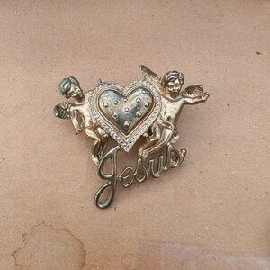 VIntage Heart Brooch with Jesus and Cherubs